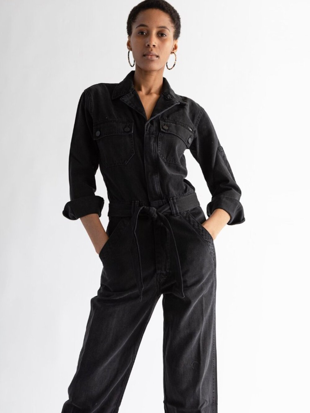Mother Denim Belted Fixer Jumpsuit in Blackout S (4-6)